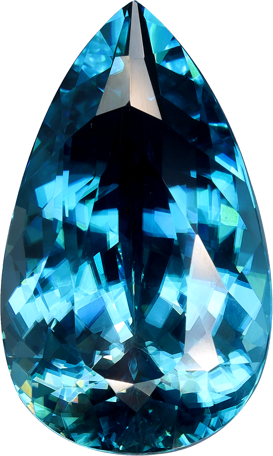 Pear cut blue zircon, 23.81 by 14.35 mm, shown at actual size