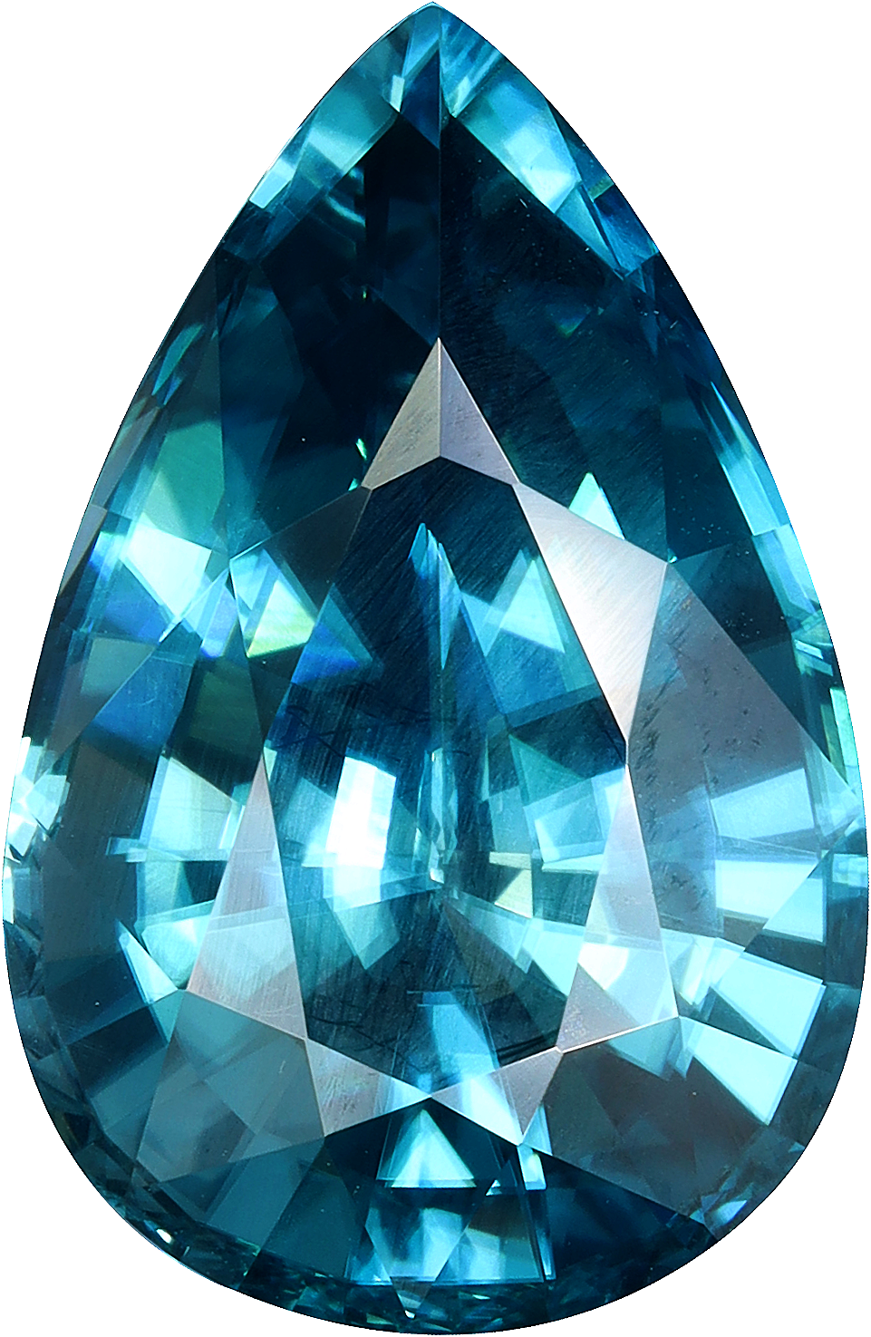 Pear cut blue zircon, 20.02 by 13.14 mm, shown at actual size