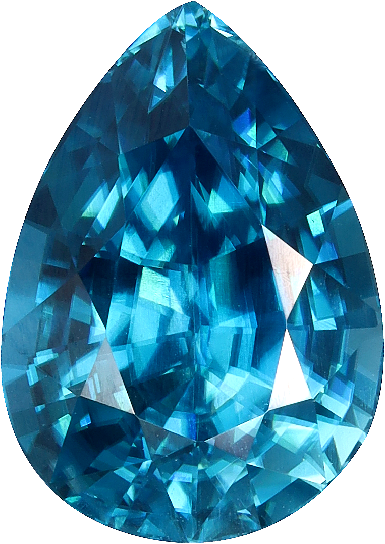 Pear cut blue zircon, 12.44 by 8.89 mm, shown at actual size