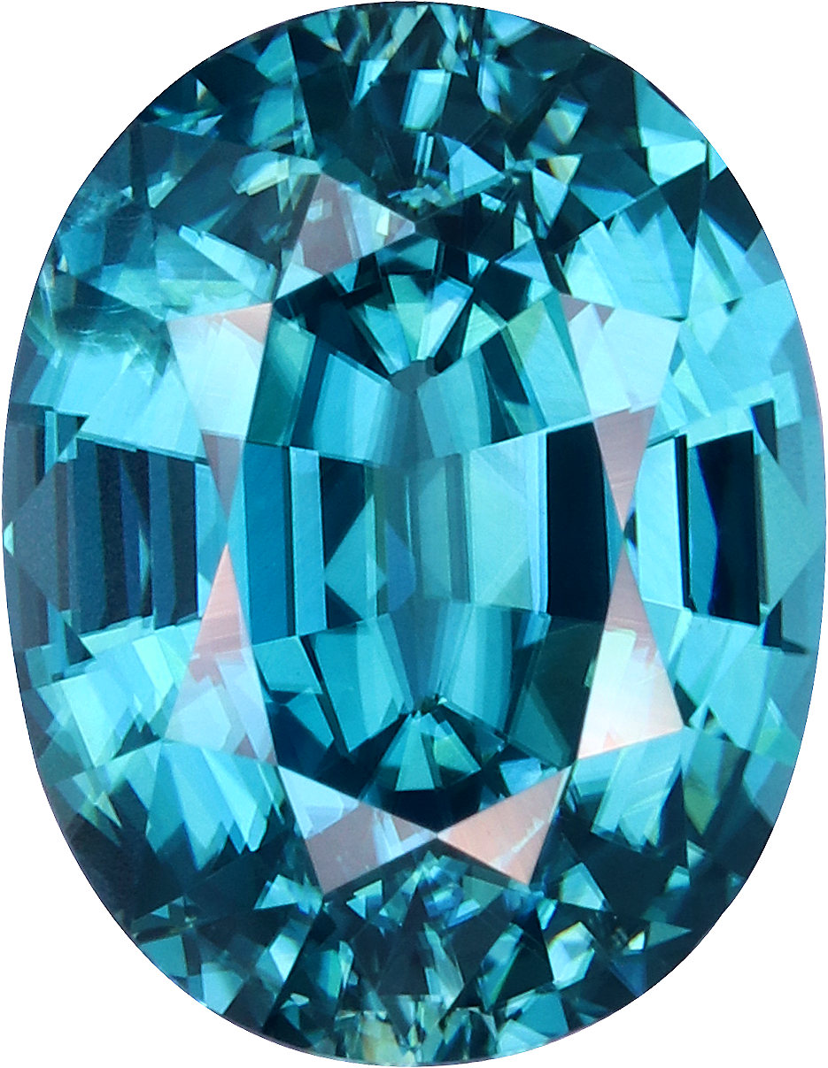 Oval cut blue zircon, 10.8 by 8.38 mm, shown at actual size