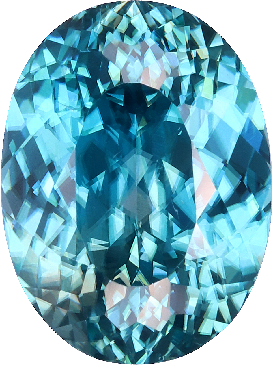 Oval cut blue zircon, 11.36 by 8.49 mm, shown at actual size