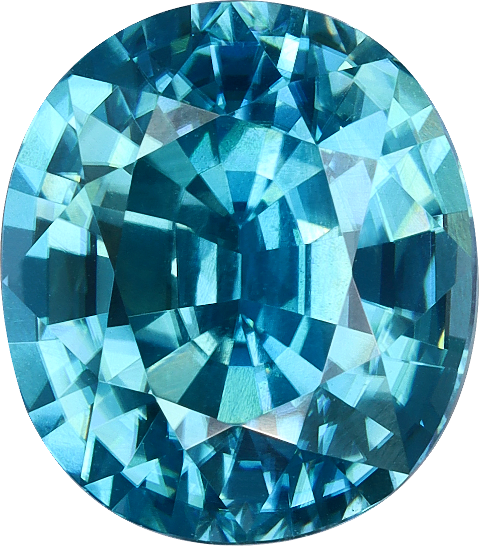 Oval cut blue zircon, 9.21 by 8.08 mm, shown at actual size