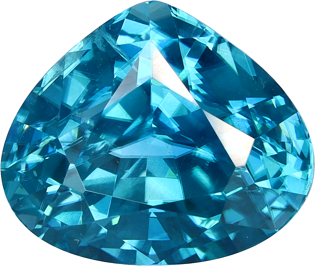 Pear cut blue zircon, 9.57 by 8.17 mm, shown at actual size