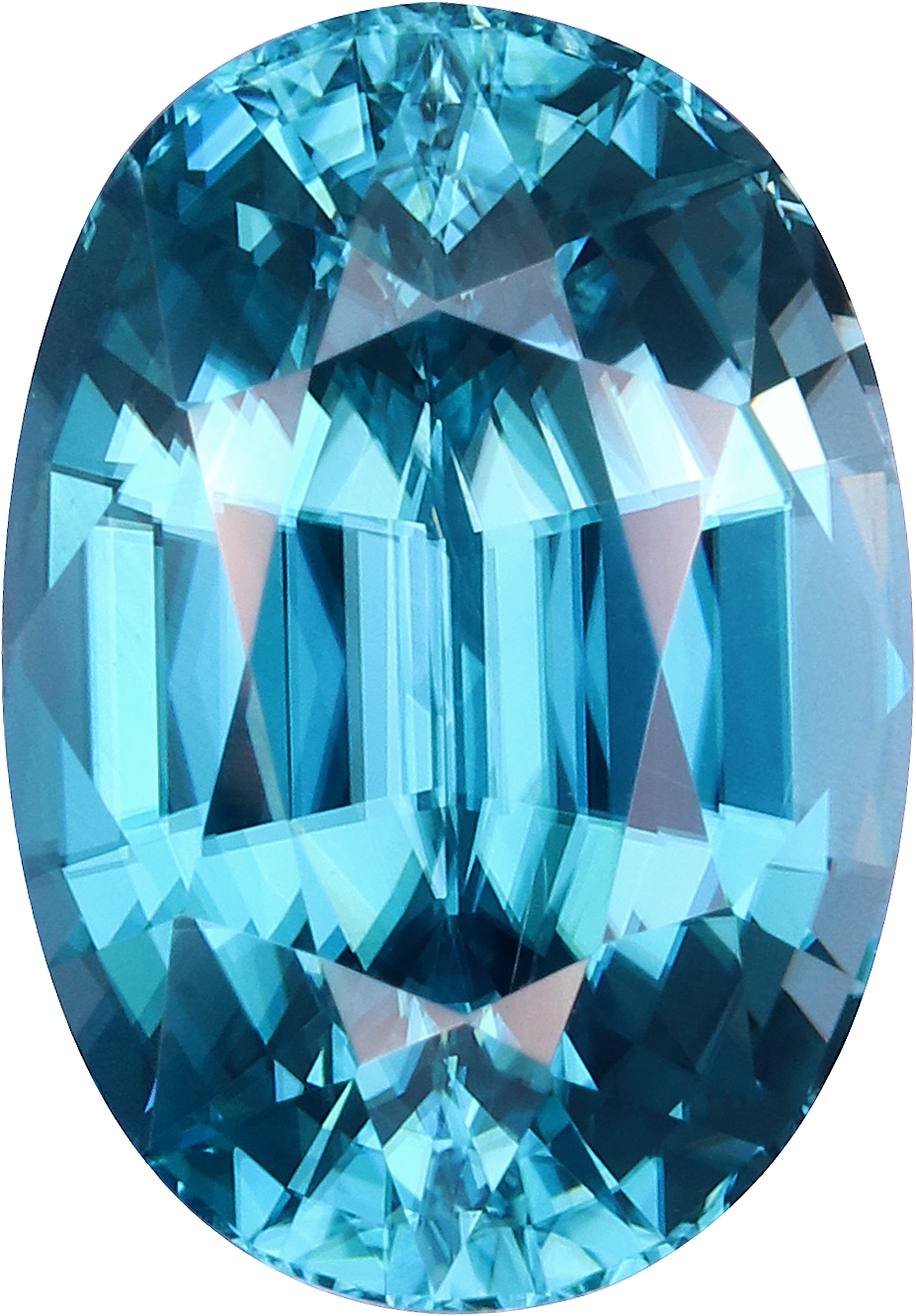 Oval cut blue zircon, 10.68 by 7.43 mm, shown at actual size
