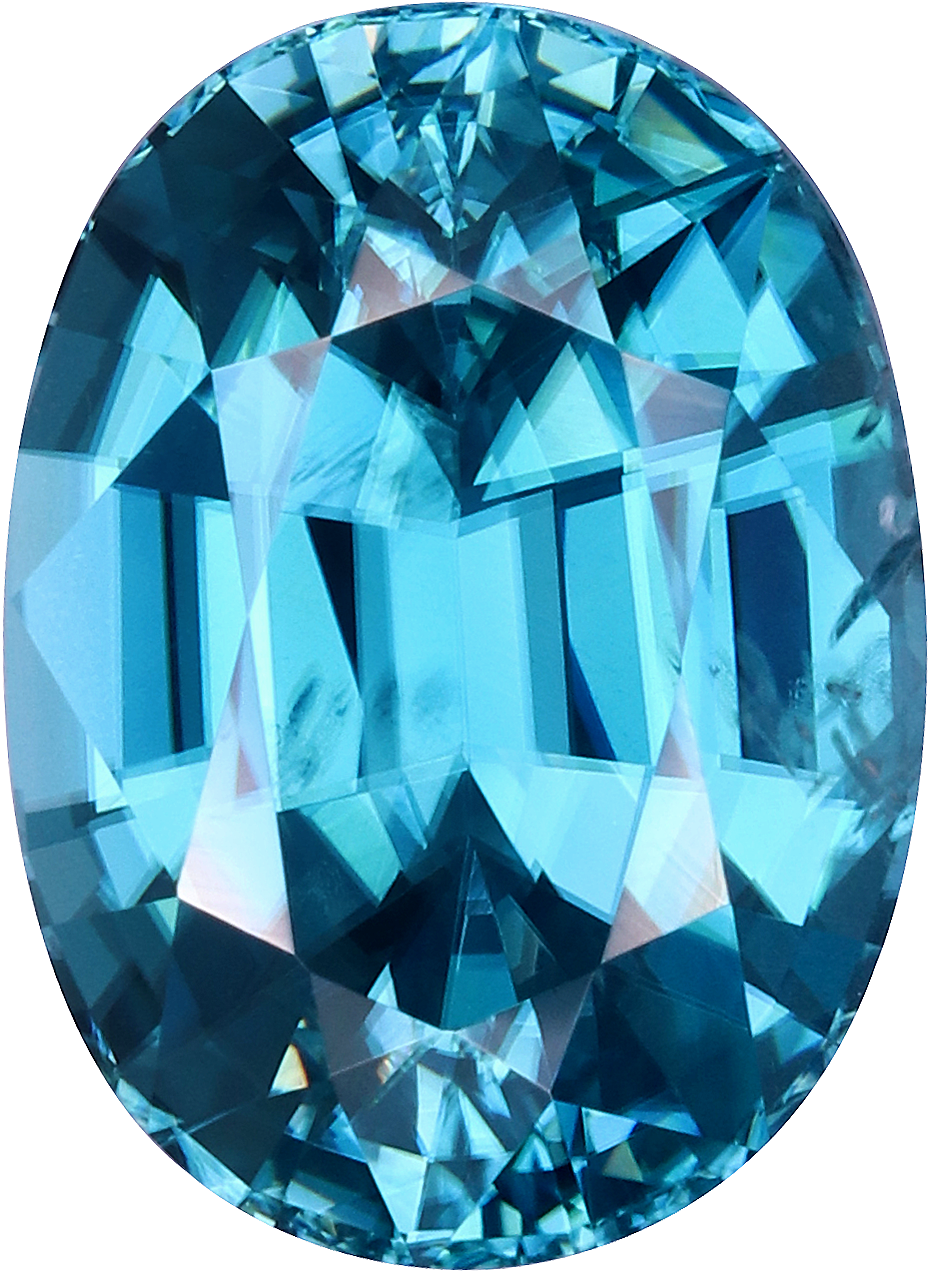 Oval cut blue zircon, 10.3 by 7.55 mm, shown at actual size