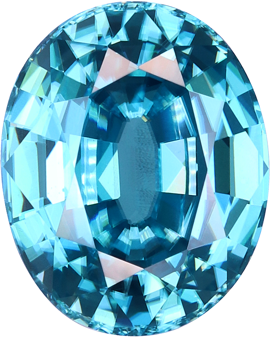 Oval cut blue zircon, 10.06 by 8.05 mm, shown at actual size