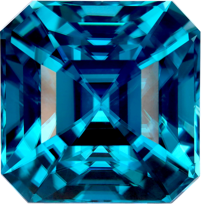Square cut blue zircon, 14.64 by 14.5 mm, shown at actual size