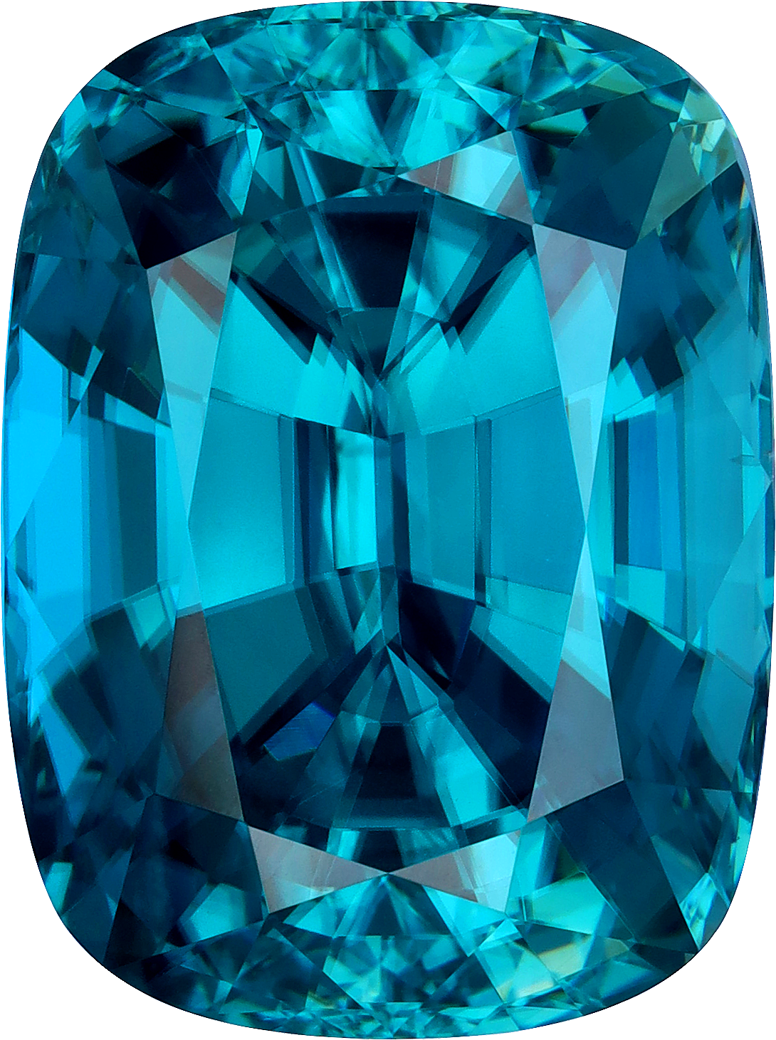 Cushion cut blue zircon, 20.62 by 15.37 mm, shown at actual size